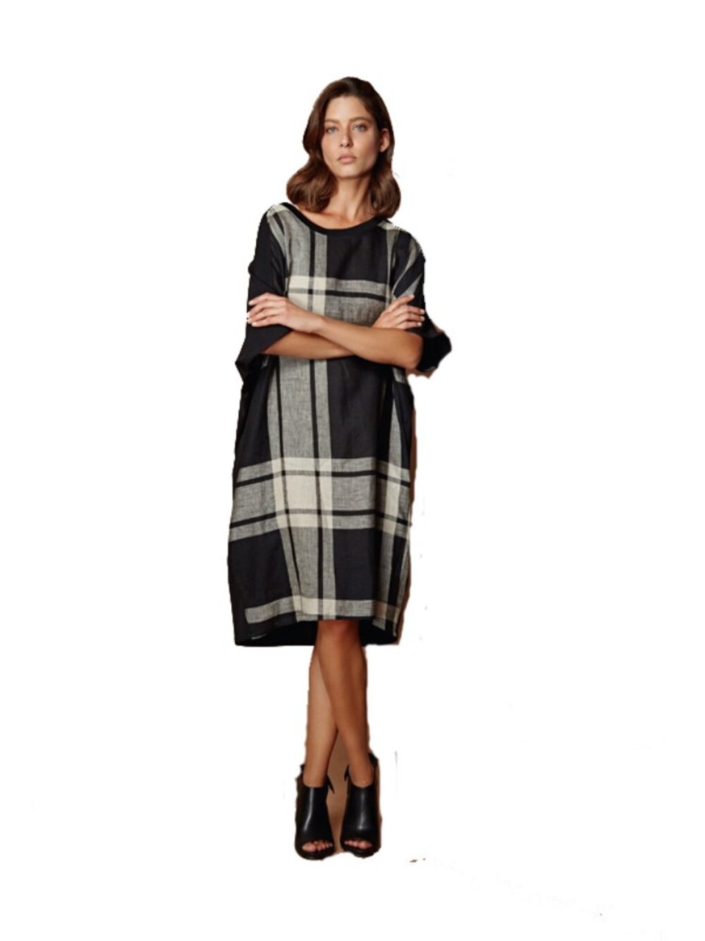 ALEMBIKA Plaid‎ Kaftan Shift Dress Womens Small Black Linen Oversized SD414B